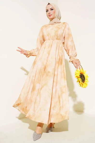 Batik Desen Bel Lastikli Elbise Yağ Yeşili - Resim 2