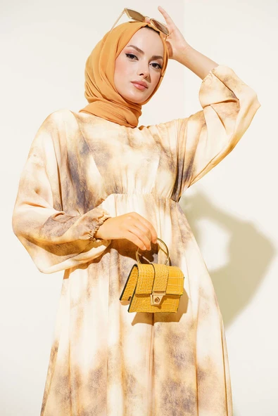 Batik Desen Bel Lastikli Elbise Haki - Resim 2