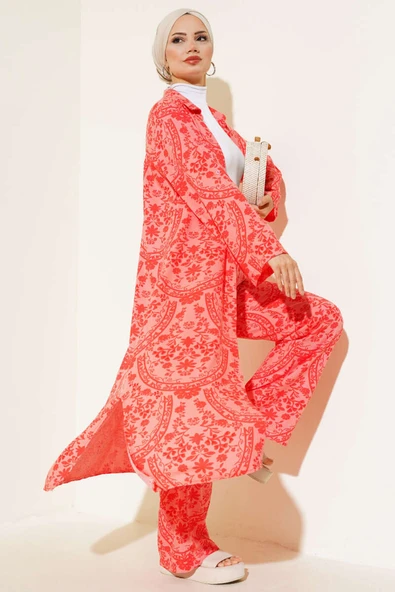 Etnik Desen Uzun Tunik Takım Mercan ürün görseli 1