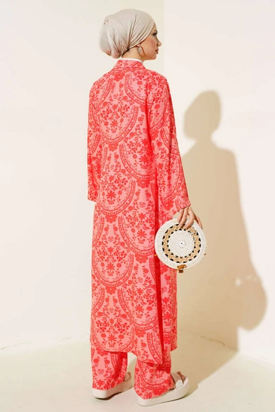 Etnik Desen Uzun Tunik Takım Mercan - Resim 3