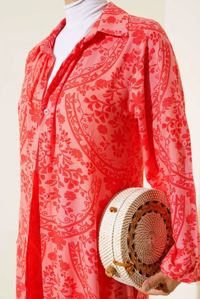 Etnik Desen Uzun Tunik Takım Mercan - Resim 4