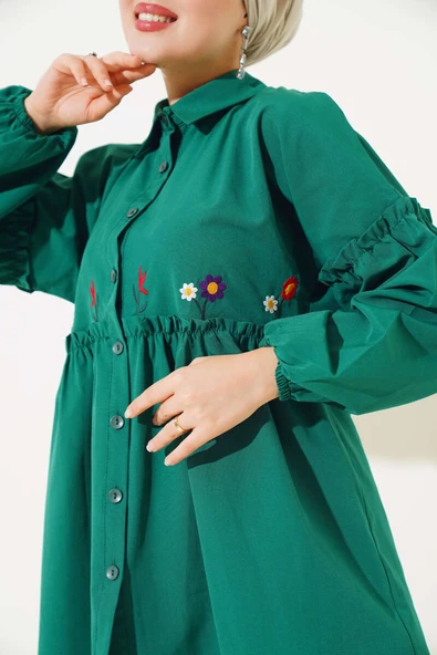 Pileli Çiçek Nakışlı Gömlek Yeşil - 4
