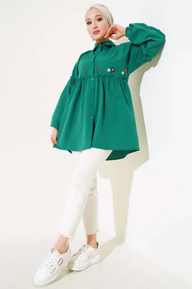 Pileli Çiçek Nakışlı Gömlek Yeşil - 2