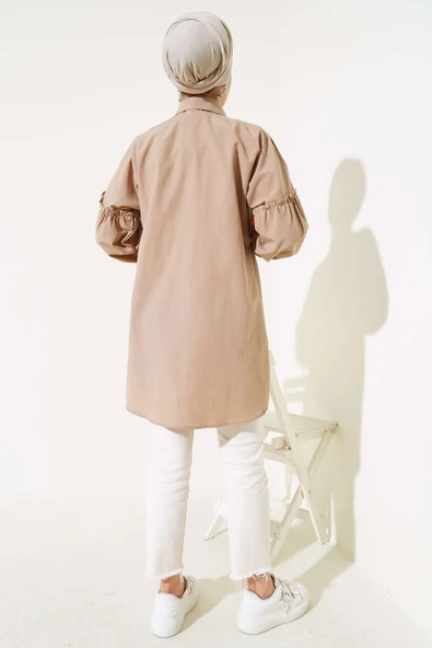 Pileli Çiçek Nakışlı Gömlek Sütlü Kahve - 3