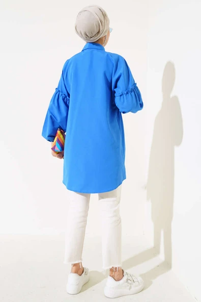 Pileli Çiçek Nakışlı Gömlek Saks - Resim 3