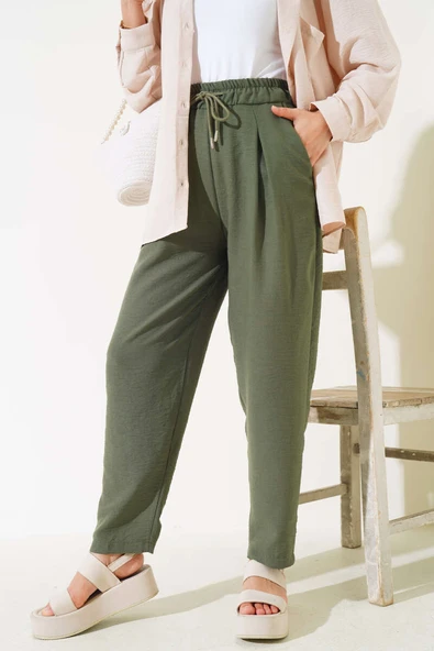 Bel Lastikli Keten Pantolon Nefti - Resim 2