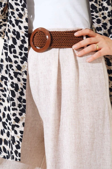 Kemer Detaylı İspanyol Paça Pantolon Kırçılı Bej - Resim 4