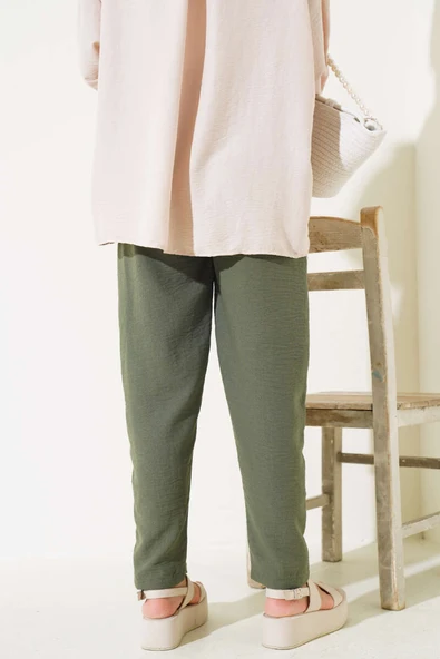 Bel Lastikli Keten Pantolon Nefti - Resim 3