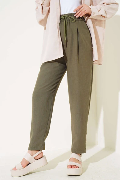 Bel Lastikli Keten Pantolon Haki - Resim 2