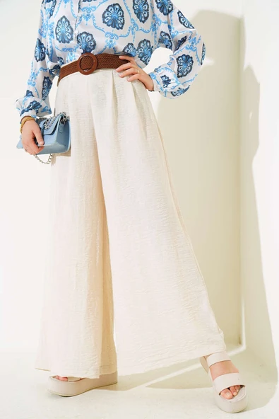 Kemer Detaylı İspanyol Paça Pantolon Bej - Resim 2