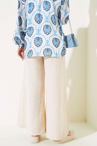 Kemer Detaylı İspanyol Paça Pantolon Bej - Resim 3