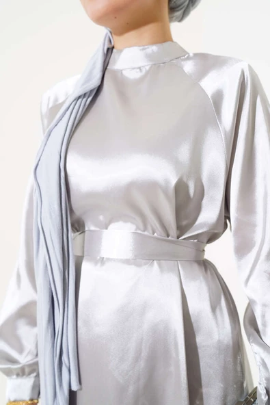 Saten Bel Kuşaklı Elbise Gri - Resim 4