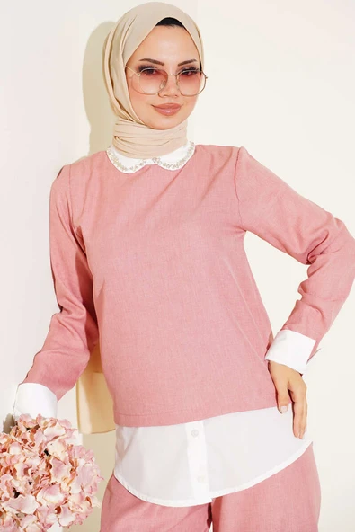 Yaka Taşlı Garnili İkili Takım Pudra - Resim 2