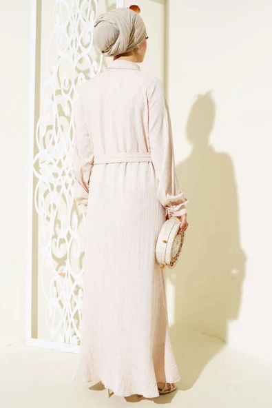 Fırfırlı Boydan Düğmeli Elbise Bej - Resim 3