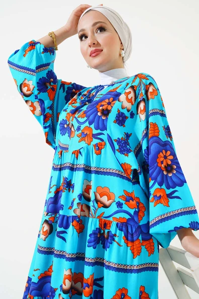 Yaka Püsküllü Desenli Elbise Mavi - Resim 2