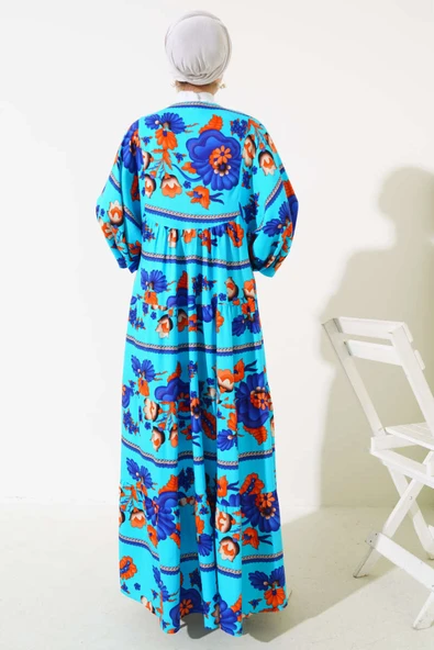 Yaka Püsküllü Desenli Elbise Mavi - Resim 3