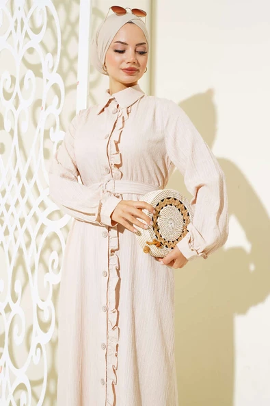 Fırfırlı Boydan Düğmeli Elbise Bej - Resim 2