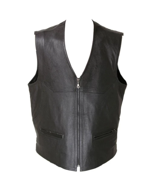 Battal Boy Siyah Renk Fermuarlı Deri Yelek - 10