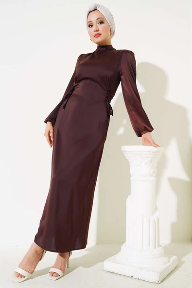 Yanları İp Detaylı Saten Elbise Acı Kahve ürün görseli 1