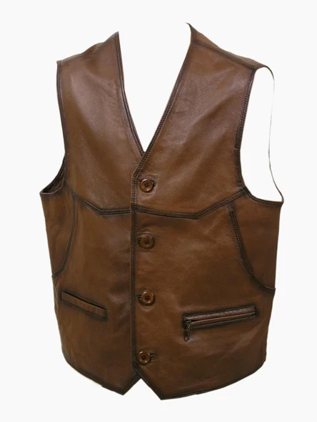 Battal Boy Taba Renk Deri Yelek - 10