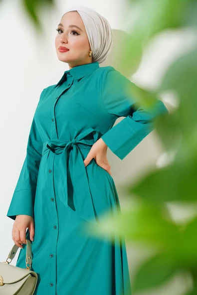 Gömlek Yaka Boy Düğmeli Tunik Yeşil - Resim 2