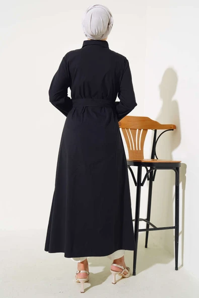 Gömlek Yaka Boy Düğmeli Tunik Siyah - Resim 3