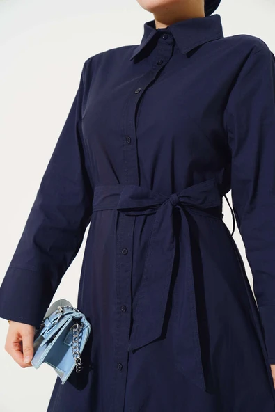 Gömlek Yaka Boy Düğmeli Tunik Lacivert - Resim 4