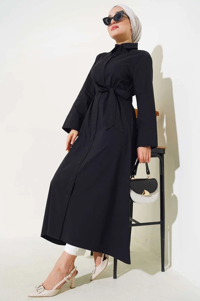 Gömlek Yaka Boy Düğmeli Tunik Siyah ürün görseli