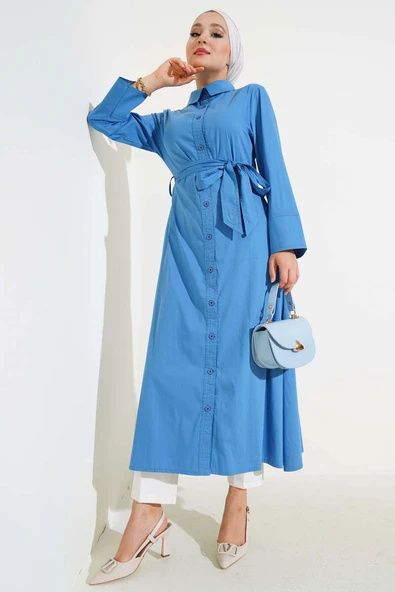 Gömlek Yaka Boy Düğmeli Tunik Indıgo ürün görseli