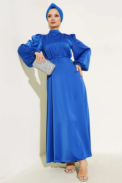 İnce Kuşaklı Kol Lastikli  Saten Elbise Saks ürün görseli 1