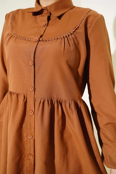 Önü Dantelli Gömlek Taba - Resim 4