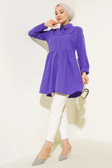 Önü Dantelli Gömlek Mor - Resim 2