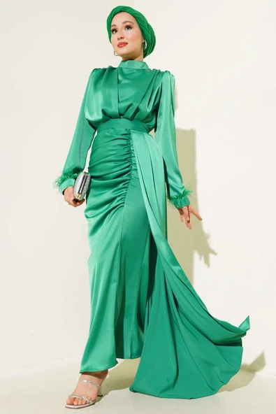 Piliseli Tüylü Manşet Elbise Yeşil ürün görseli 1