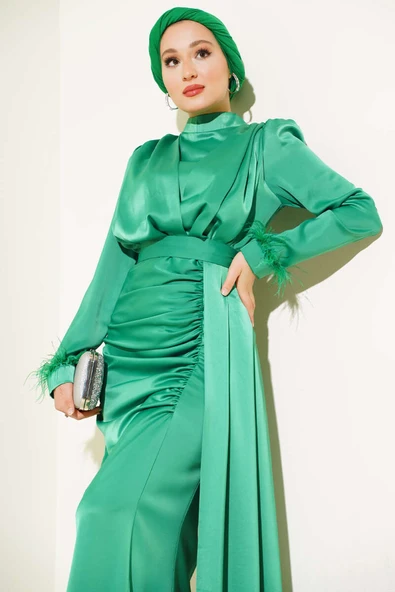 Piliseli Tüylü Manşet Elbise Yeşil - Resim 2