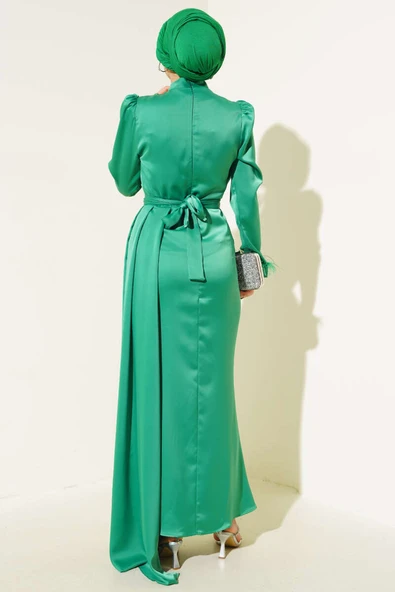 Piliseli Tüylü Manşet Elbise Yeşil - Resim 3