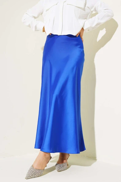 Yan Fermuarlı Saten Etek Saks - Resim 2