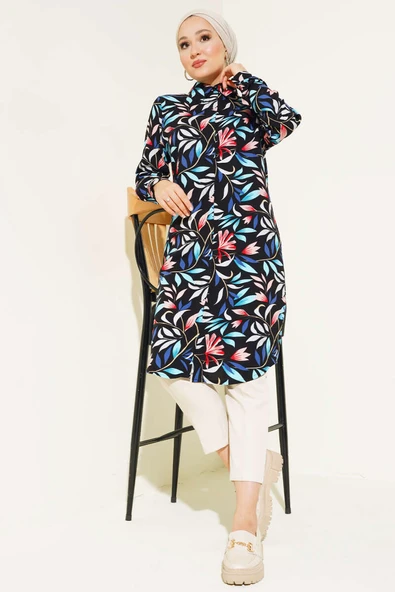 Karışık Desen Gizli Düğmeli Gömlek Siyah Mavi - Resim 2