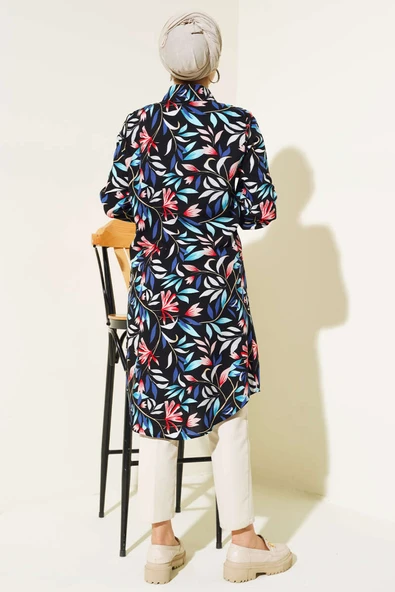 Karışık Desen Gizli Düğmeli Gömlek Siyah Mavi - Resim 3