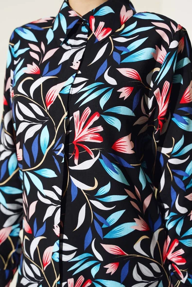 Karışık Desen Gizli Düğmeli Gömlek Siyah Mavi - Resim 4