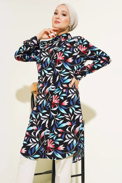 Karışık Desen Gizli Düğmeli Gömlek Siyah Mavi ürün görseli 1