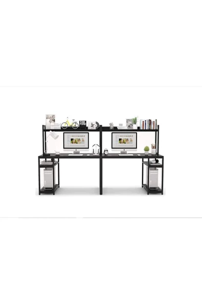 Zizuva Tasarım 2 Kişilik Raflı Ergonomik Siyah Çalışma Masası - 3