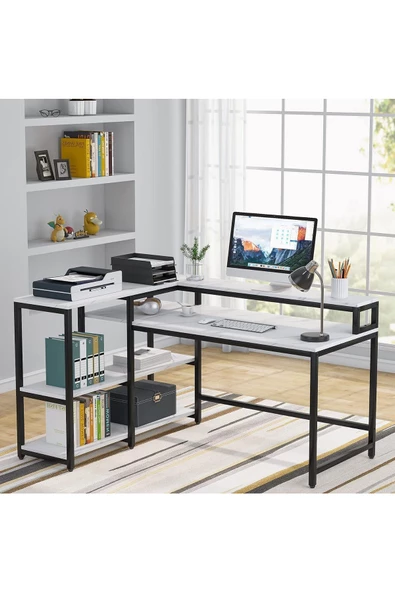 Zizuva Özel Tasarım Monitör Raflı Beyaz Çalışma Masası - Resim 2