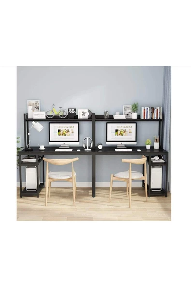 Zizuva Tasarım 2 Kişilik Raflı Ergonomik Siyah Çalışma Masası - 2