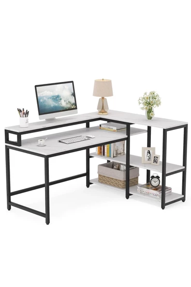 Zizuva Özel Tasarım Monitör Raflı Beyaz Çalışma Masası - Resim 4