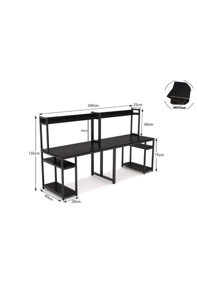 Zizuva Tasarım 2 Kişilik Raflı Ergonomik Siyah Çalışma Masası - 4