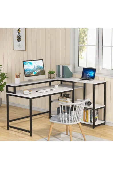 Zizuva Özel Tasarım Monitör Raflı Beyaz Çalışma Masası - Resim 3