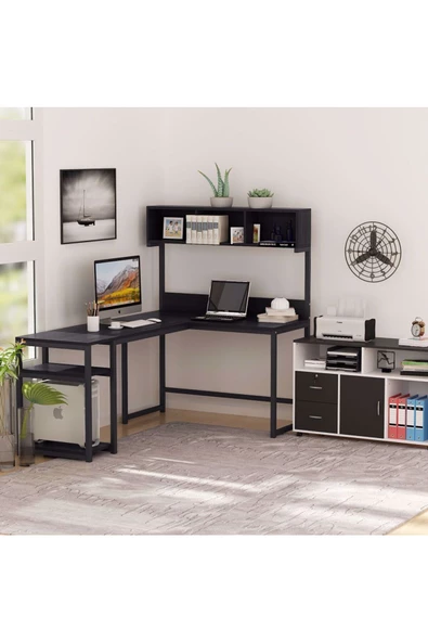 Zizuva Tasarım Raflı Siyah Çalışma Masası