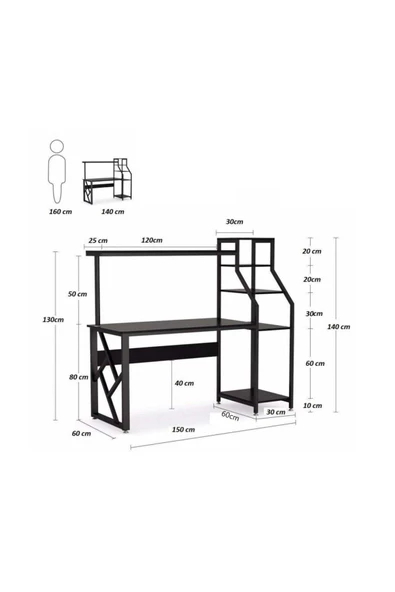 Zizuva Tasarım Kitaplıklı Modern Siyah Bilgisayar& Çalışma Masası - 4