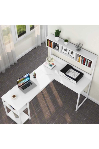 Zizuva Tasarım Beyaz L Model Kitaplıklı Çalışma Masası - Resim 2