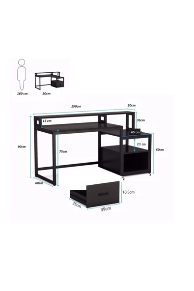 Zizuva Tasarım Raflı Ve Çekmeceli Siyah Çalışma Masası - Resim 3